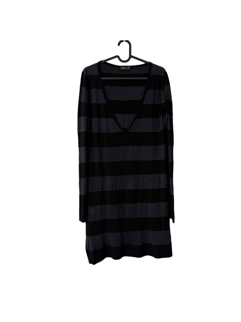 Agnes B Paris Black Gray Striped Wool Vneck Sweater Tunic Dress Womens Large